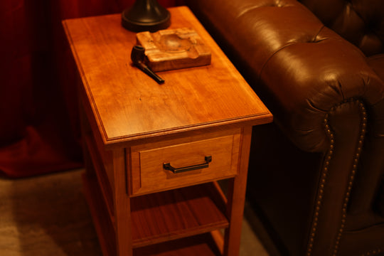 Glamour shot of end table beside couch